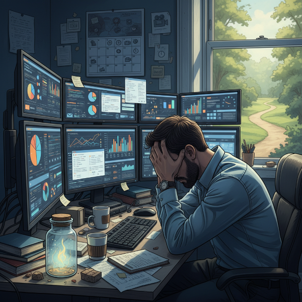 ภาพนักวิจัยรู้สึกเหนื่อยหน่ายติดกับดักงาน กับทางออกสู่สมดุลชีวิต