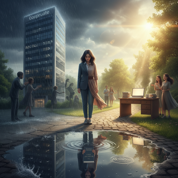 ภาพหญิงวัย 31 ยืนอยู่ตรงทางแยกระหว่างตึกออฟฟิศมืดทึบกับเส้นทางสว่างสู่โต๊ะเขียนหนังสือ สะท้อนความกดดันจากครอบครัวและความฝันในการเป็นนักเขียนอิสระ