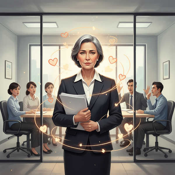 ภาพผู้นำหญิงในองค์กรการกุศลเผชิญกับการกลั่นแกล้งในที่ทำงาน แสดงความห่วงใยต่อลูกทีมและความมุ่งมั่นในการแก้ปัญหาอย่างมีสติ