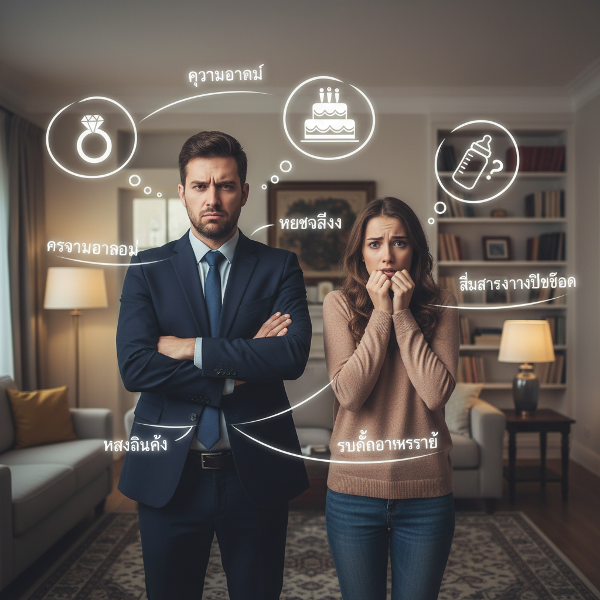 ภาพแสดงคู่รักที่กำลังเผชิญความตึงเครียดจากการพูดคุยเรื่องการมีลูก ผู้ชายดูหงุดหงิดและผู้หญิงดูวิตกกังวล พร้อมคำแนะนำเกี่ยวกับการจัดการอารมณ์และการสื่อสาร