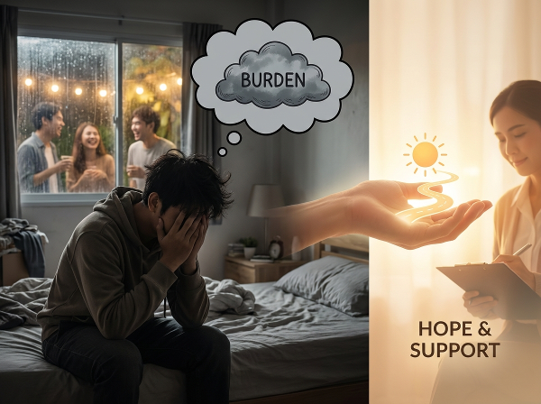 ภาพแสดงชายวัยรุ่นไทยรู้สึกเศร้า เหนื่อยล้า และโดดเดี่ยวในห้อง เปรียบเทียบกับความช่วยเหลือและความหวังจากผู้เชี่ยวชาญ