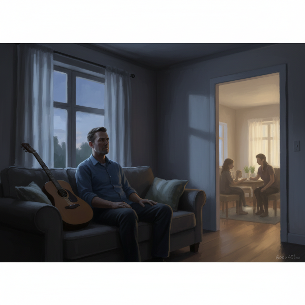 ภาพมิกเพื่อนของณัฐ นั่งอยู่บนโซฟาอย่างเหนื่อยล้าและว่างเปล่า ท่ามกลางครอบครัวและสิ่งของที่เคยรัก แต่กลับรู้สึกไม่เชื่อมโยงกับสิ่งใด สื่อถึงภาวะซึมเศร้าและความสูญเสียแรงจูงใจ