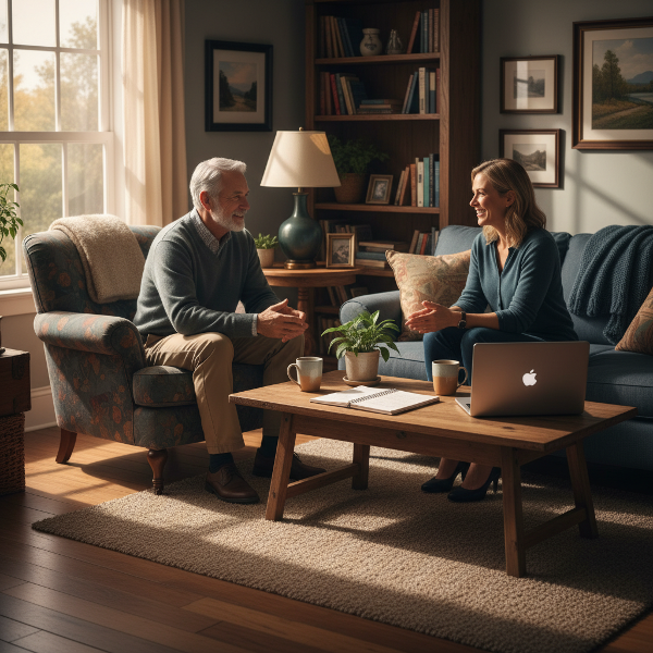 ภาพชายวัยกลางคนกำลังปรึกษานักจิตวิทยาออนไลน์เกี่ยวกับการฟื้นฟูความสัมพันธ์ระยะยาวและความใกล้ชิดในครอบครัว