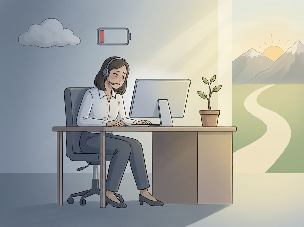 ภาพประกอบอาการเหนื่อยล้าทางอารมณ์และหมดไฟในการทำงานของผู้ให้คำปรึกษาทางจิตวิทยา พร้อมสัญลักษณ์ของการเยียวยาและทางออก