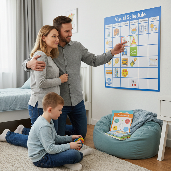 ภาพแสดงครอบครัวที่มีลูกออทิสติกเล็กน้อยกำลังเผชิญความท้าทาย พร้อมคำแนะนำจากนักจิตวิทยาเกี่ยวกับการสร้างกิจวัตร มุมสงบ การสื่อสาร และการดูแลตนเอง