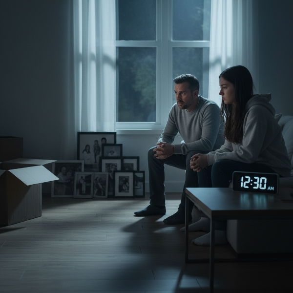 ภาพพ่อและลูกสาววัยรุ่นในบ้านใหม่ตอนกลางคืน แสดงถึงปัญหาการนอนไม่หลับและความยากลำบากในการปรับตัวหลังการหย่าร้างและย้ายโรงเรียน