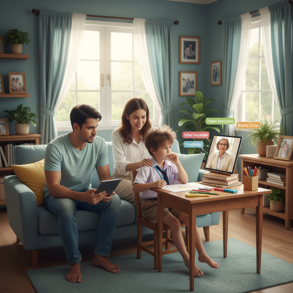 พ่อกังวลเรื่องลูกชายวัย 8 ขวบที่มีอาการสมาธิสั้น กำลังปรึกษานักจิตวิทยาออนไลน์เพื่อหาวิธีช่วยเหลือทั้งที่บ้านและโรงเรียน