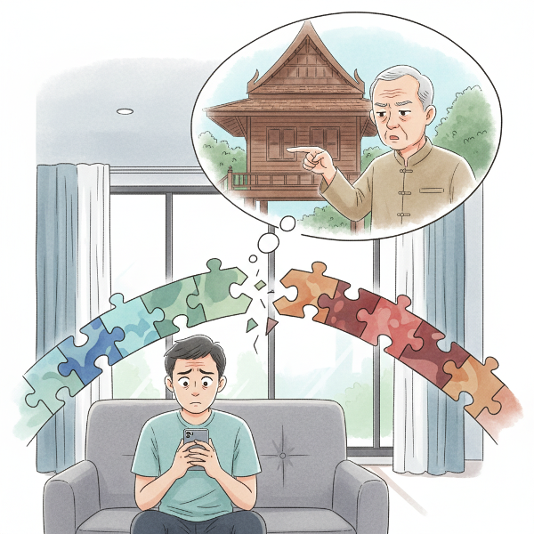 ภาพแสดงความขัดแย้งระหว่างพ่อลูก ผู้ชายวัยทำงานรู้สึกเครียดกับคำวิจารณ์จากพ่อผู้มีความคิดแบบเก่า มีสะพานต่อจิ๊กซอว์ขาดกลางระหว่างสองโลกที่แตกต่าง