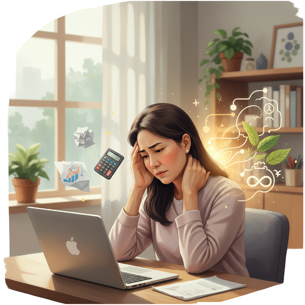 ภาพผู้หญิงนักจิตวิทยาที่กำลังเผชิญกับความเครียดเรื่องการเงินซึ่งส่งผลให้ปวดร่างกาย แสดงความเชื่อมโยงระหว่างจิตใจและกายพร้อมสัญลักษณ์ของการเยียวยา