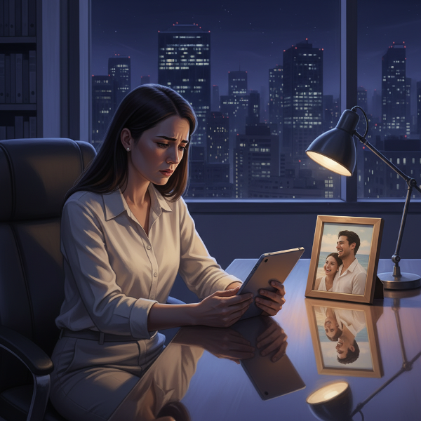 ภาพของนักจิตวิทยาหญิงที่กำลังเผชิญกับความท้าทายในความสัมพันธ์ของตัวเอง แสดงถึงความขัดแย้งระหว่างบทบาทการงานและชีวิตส่วนตัว