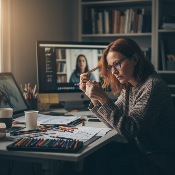 ภาพของจิตตาภา ผู้ให้คำปรึกษาทางจิตวิทยาที่มีความไวสูง กำลังเผชิญกับพฤติกรรมทำซ้ำ เช่น การจัดระเบียบสิ่งของบนโต๊ะทำงานระหว่างรู้สึกเครียด