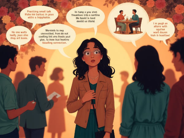 ภาพหญิงสาวขี้อายในงานสังคมที่รู้สึกเหงาและวิตกกังวล แต่ค่อยๆ พัฒนาทักษะการสื่อสารผ่านกิจกรรมที่มีโครงสร้างและการสนทนาเล็กๆ น้อยๆ จนสามารถสร้างความสัมพันธ์ที่มีคุณภาพได้อย่างสบายใจ