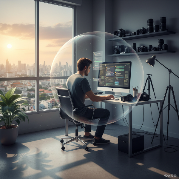 ภาพช่างภาพหนุ่มในคอนโดกรุงเทพฯ รู้สึกเหงาและขาดความหมายท่ามกลางการเชื่อมต่อออนไลน์ แสดงความขัดแย้งระหว่างโลกดิจิทัลกับชีวิตจริง