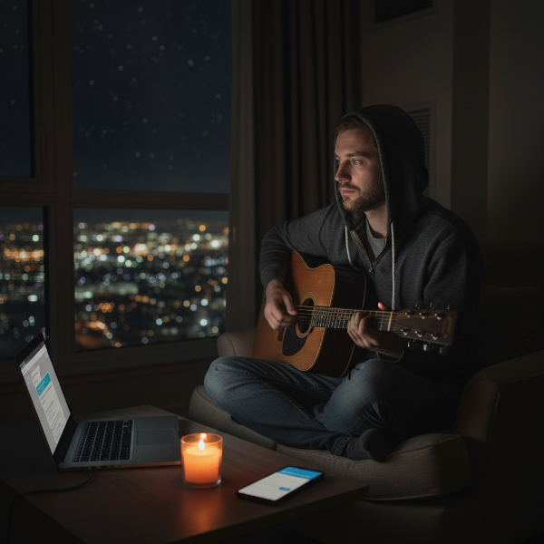 ภาพของธีรศักดิ์ในคอนโดที่เงียบสงัด สะท้อนความเหงาและความปรารถนาความสัมพันธ์ที่ลึกซึ้ง ท่ามกลางกิจกรรมที่ดูว่างเปล่า แต่มีแสงสว่างแห่งความหวังเล็กๆ