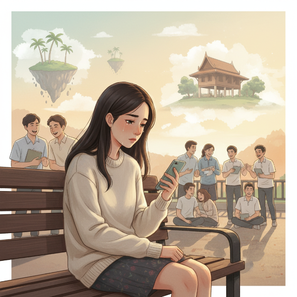 ภาพหญิงสาวนักศึกษารู้สึกเหงาท่ามกลางเพื่อน แม้จะพยายามเข้าหาแต่การคุยก็ตื้นเขิน ปรารถนาความสัมพันธ์ที่ลึกซึ้งและเข้าใจกันจริงๆ