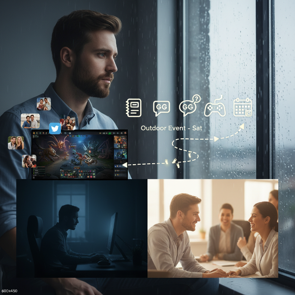 ภาพแสดงชายวัยทำงานรู้สึกเหงาในชีวิตประจำวันและเริ่มต้นขั้นตอนเล็กๆ น้อยๆ เพื่อสร้างการสื่อสารที่มีความหมาย โดยยังคงรักษาเวลาส่วนตัวและการเล่นเกมเป็นกิจกรรมพักผ่อน
