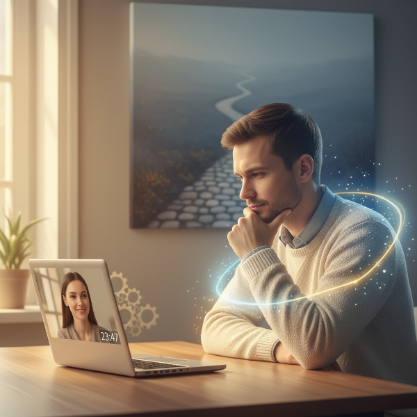 ภาพชายนักจิตวิทยาออนไลน์วัย 27 ปี กำลังครุ่นคิดถึงความท้าทายในความสัมพันธ์ระยะยาวเกี่ยวกับความใกล้ชิด ความเหนื่อยล้าจากงาน และอาการตื่นตระหนก โดยมีสัญลักษณ์ของระยะห่างทางอารมณ์และความพยายามในการสื่อสาร