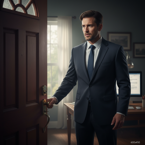 ภาพแสดงอาการย้ำคิดย้ำทำของชายวัยทำงาน กับการตรวจสอบประตูบ้านและการอ่านอีเมลซ้ำๆ ซึ่งส่งผลกระทบต่อชีวิตประจำวัน