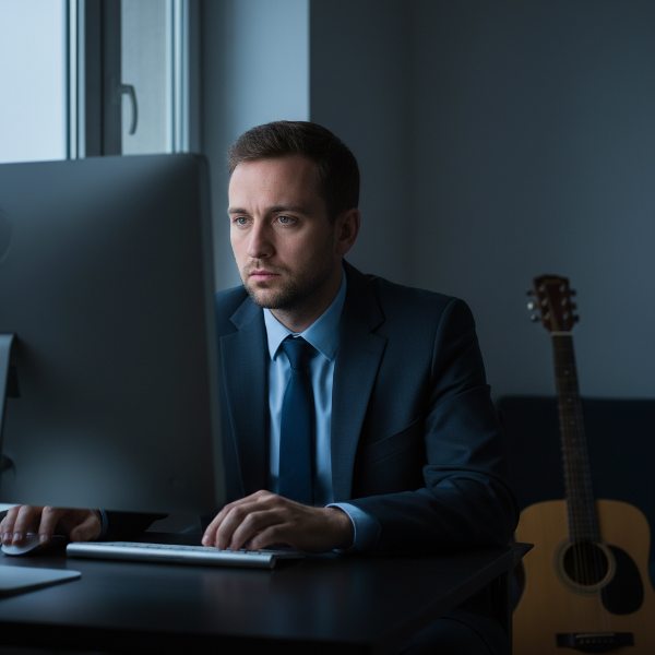 ภาพของชายวัยทำงานที่กำลังเผชิญกับความรู้สึกหมดไฟและสูญเสียความหมายในชีวิตประจำวัน