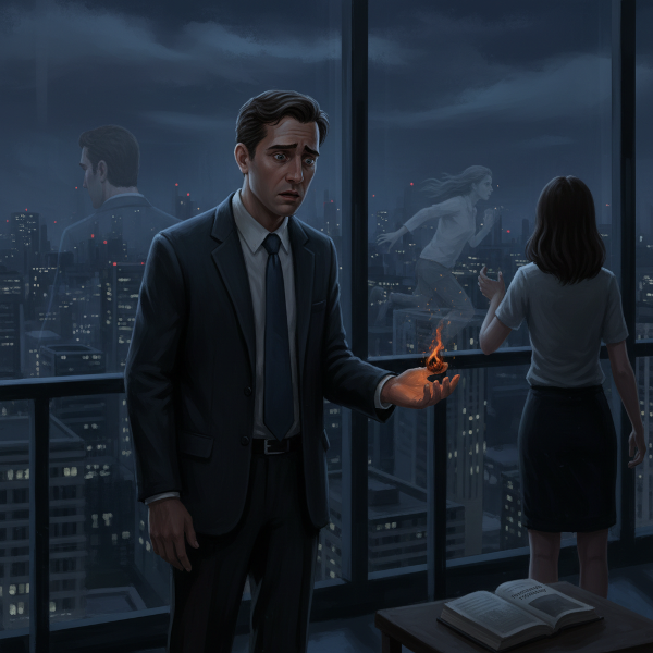 ภาพที่สื่อถึงภาวะหมดไฟและความวิตกกังวลจากการทำงานสะสมของชายวัย 33 ปี ผ่านสัญลักษณ์ของความสูง ความฝันร้าย และความสัมพันธ์ที่ตึงเครียด