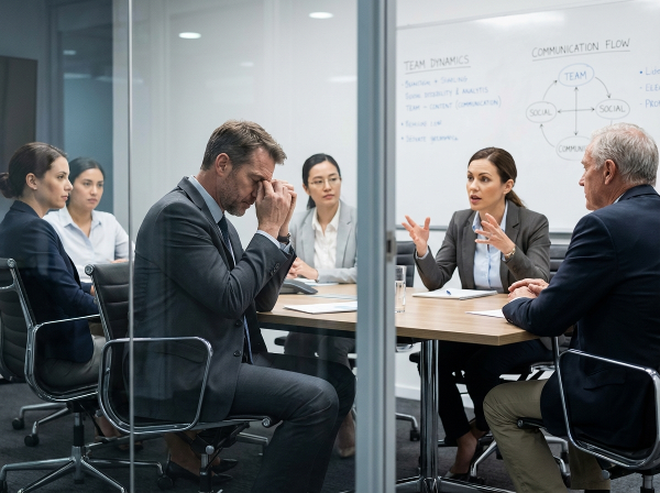 ภาพแสดงผู้จัดการชายกำลังเผชิญความท้าทายในการทำงานร่วมกับรองผู้จัดการหญิงที่มีความสามารถสูง ซึ่งมีพฤติกรรมที่ทำให้เขารู้สึกถูกแย่งซีนและอำนาจลดลง พร้อมคำแนะนำในการปรับทัศนคติ การสื่อสาร และการเสริมสร้างความเป็นผู้นำ