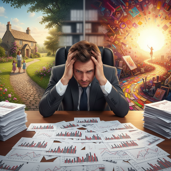 ภาพชายวัยกลางคนยืนอยู่ตรงทางแยกระหว่างเส้นทางอาชีพเดิมที่มั่นคงกับเส้นทางสร้างสรรค์ใหม่ แสดงถึงความขัดแย้งระหว่างความปลอดภัยและความฝัน