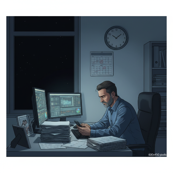 ภาพชายวัยกลางคนทำงานดึกในออฟฟิศด้วยความเครียด ตรวจสอบงานซ้ำซ้อนจนลืมเวลาและครอบครัว แสดงถึงพฤติกรรม perfectionism ที่ส่งผลต่อสุขภาพและความสัมพันธ์