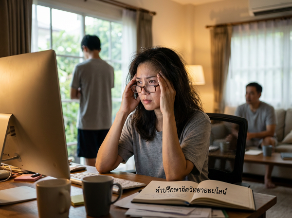 ภาพหญิงวัยกลางคนเผชิญความท้าทายในชีวิตครอบครัวและงาน กำลังหาทางออกผ่านคำปรึกษาออนไลน์