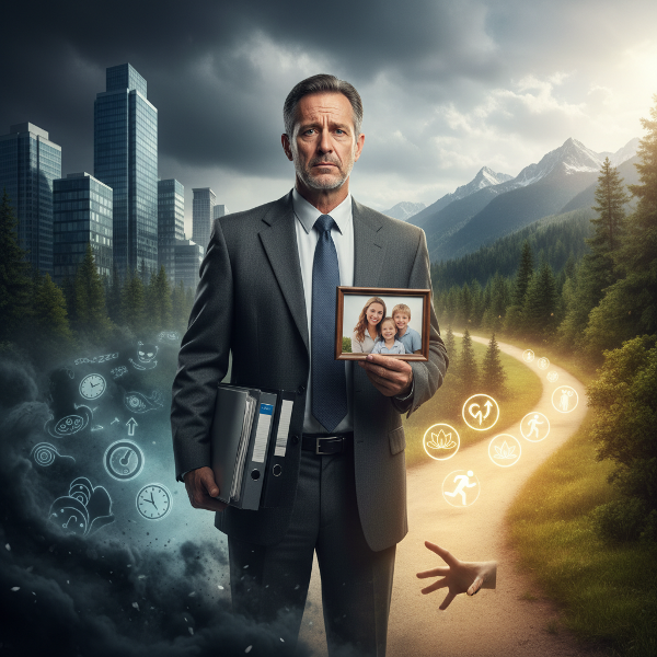 ภาพสื่อถึงความท้าทายและความสมดุลในการเปลี่ยนอาชีพวัยกลางคน โดยเชื่อมโยงภาวะจิตใจเปราะบางกับอาการทางกาย พร้อมแนวทางดูแลสุขภาพ