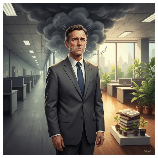 ภาพผู้ชายวัยทำงานที่ทางแยกของชีวิต แสดงความกดดันจากงานเดิมและความเป็นไปได้ของเส้นทางใหม่