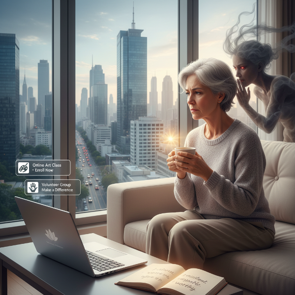 ภาพหญิงวัย 59 ปีในเมืองใหญ่ กำลังครุ่นคิดระหว่างโอกาสใหม่กับเสียงในหัวที่สงสัยในตนเอง แสดงถึงการเริ่มต้นค้นหาความหมายของชีวิตอีกครั้ง