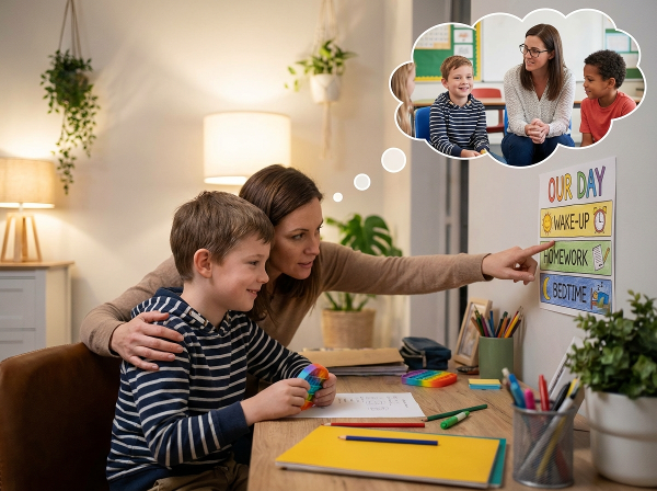 ภาพแม่และลูกชายวัย 8 ขวบที่มีภาวะสมาธิสั้น กำลังใช้กิจวัตรที่มีโครงสร้างชัดเจนที่บ้านด้วยแผนภูมิภาพ และจินตนาการถึงการสนับสนุนเชิงบวกในห้องเรียน
