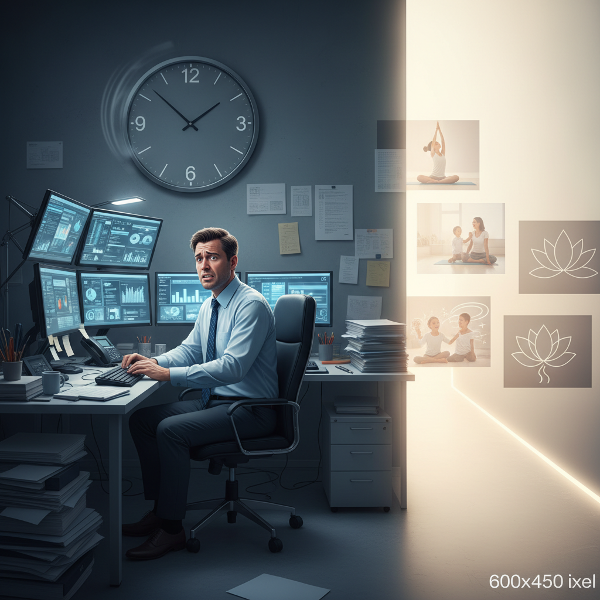 ภาพที่สื่อถึงความวิตกกังวลและความกดดันในที่ทำงานหลังการเปลี่ยนแปลงองค์กร พร้อมกับเส้นทางแห่งการจัดการความเครียดผ่านการมีสติและการดูแลตนเอง