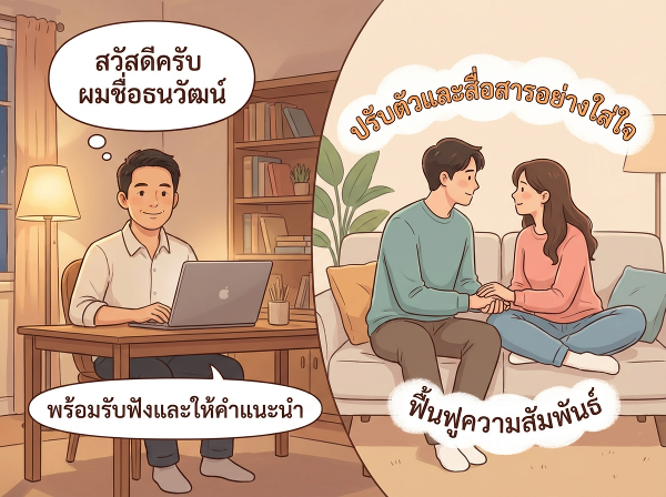 ภาพประกอบการให้คำปรึกษาจิตวิทยาออนไลน์และคำแนะนำในการฟื้นฟูความสัมพันธ์ในชีวิตคู่