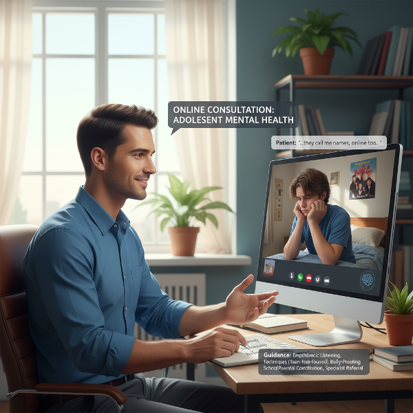 ภาพแสดงการให้คำปรึกษาออนไลน์สำหรับวัยรุ่นที่เผชิญการกลั่นแกล้ง โดยเน้นการรับฟังและแนวทางช่วยเหลือเชิงจิตวิทยา