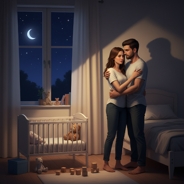 ภาพคู่รักโอบกอดกันในห้องนอนยามค่ำคืน สื่อถึงความใกล้ชิดและการสื่อสารหลังการมีลูก พร้อมกับบรรยากาศที่อบอุ่นและเข้าใจกัน