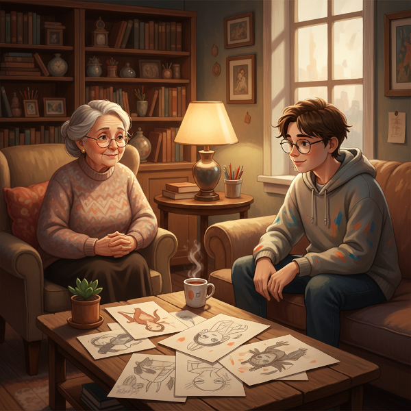 ภาพนักจิตวิทยาหญิงวัยกลางคนกำลังให้คำปรึกษาแก่ลูกศิษย์วัยรุ่นชายในบรรยากาศปลอดภัย เกี่ยวกับความท้าทายด้านความสัมพันธ์และอัตลักษณ์