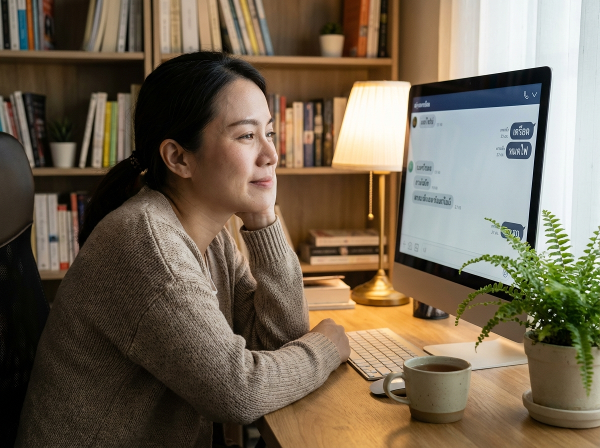 ภาพนักจิตวิทยาหญิงในห้องทำงานบ้าน กำลังอ่านบทสนทนาเกี่ยวกับความเครียดและความหมดไฟบนหน้าจอคอมพิวเตอร์