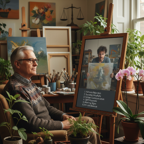 ภาพที่ปรึกษาจิตวิทยาชายอายุ 64 ปี ให้คำแนะนำศิลปินฟรีแลนซ์อายุ 38 ปี ที่สูญเสียความมั่นใจหลังผลงานไม่ผ่านการคัดเลือก แสดงการฟื้นฟูตนเองและการจัดการความวิตกกังวล