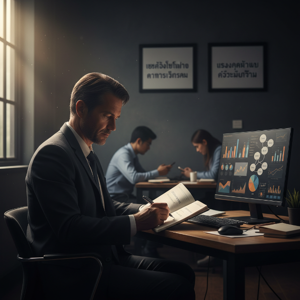 ภาพชายวัยทำงานรู้สึกถูกลดคุณค่าหลังการปรับโครงสร้างองค์กร กำลังเริ่มต้นฟื้นความมั่นใจด้วยการบันทึกข้อเท็จจริง ตั้งเป้าหมายเล็กๆ และเตรียมสื่อสารกับผู้จัดการอย่างมืออาชีพ