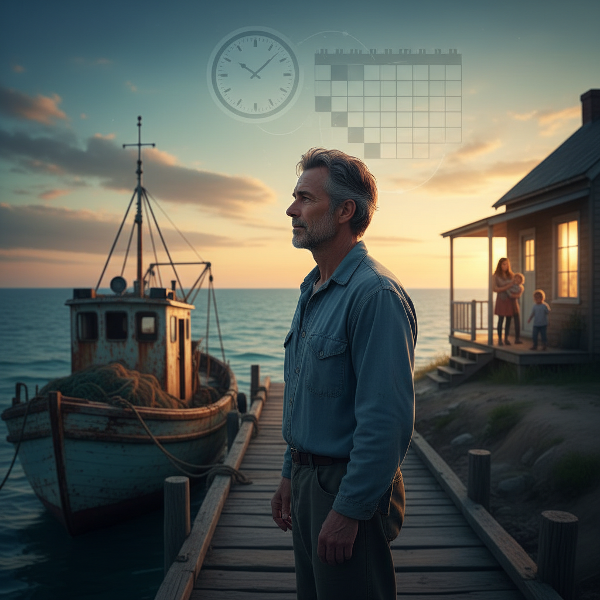 ลุงโต๊ะวัยเกษียณจากชีวิตในทะเล กำลังปรับตัวกับชีวิตบนบกที่รู้สึกเหงาและไม่มีเป้าหมาย ภาพสื่อถึงการหาทางเชื่อมโยงระหว่างอดีตกับปัจจุบัน