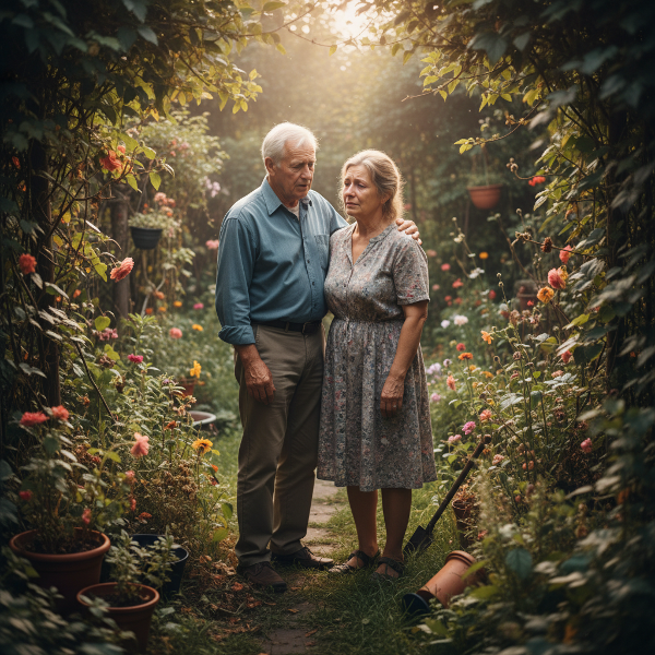 ภาพของลุงปรีชาและภรรยาในสวนบ้าน แสดงถึงความพยายามดูแลและให้กำลังใจภรรยาที่มีภาวะซึมเศร้า หลังลูกสาวย้ายไปอยู่ต่างประเทศ