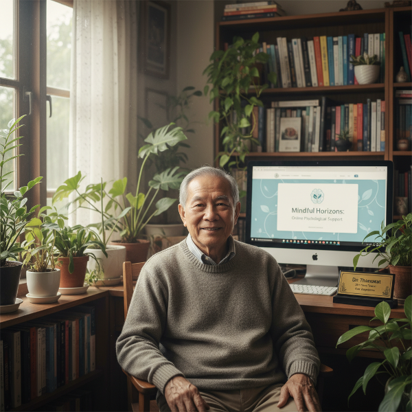 ภาพที่สื่อถึงการเริ่มต้นธุรกิจออนไลน์หลังเกษียณของนักจิตวิทยาผู้มีประสบการณ์ เน้นความอบอุ่น ความรู้ และการปรับตัวสู่โลกดิจิทัล