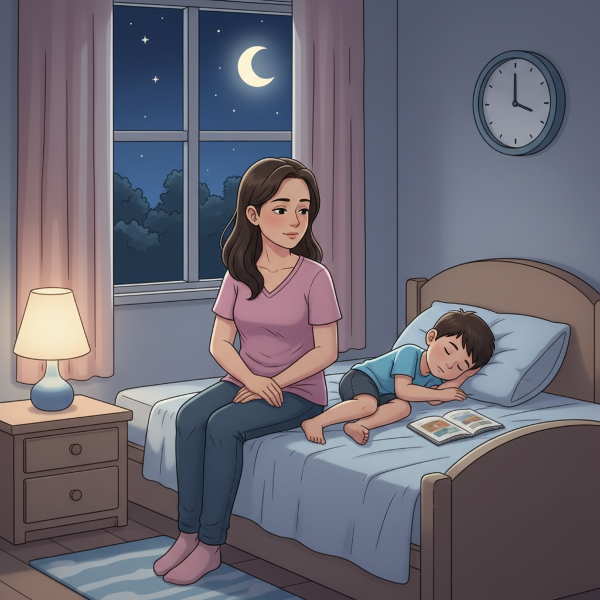 ภาพแม่เลี้ยงเดี่ยวนั่งเฝ้าลูกชายวัย 6 ขวบนอนหลับในห้องนอนตอนกลางคืน สื่อถึงปัญหาการนอนหลับยากและตื่นบ่อยของเด็ก และการแก้ไขด้วยกิจวัตรก่อนนอนที่สงบ