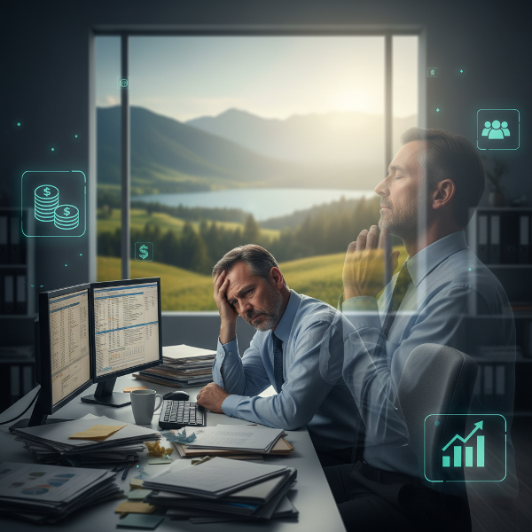 ภาพแสดงเจ้าของธุรกิจที่กำลังจัดการกับความเครียดและอาการหมดไฟจากการทำงาน ผ่านเทคนิคการผ่อนคลายและการจัดระบบงาน