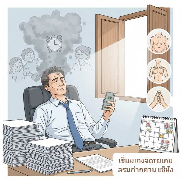 ภาพแสดงความเครียดและภาระของพ่อวัยทำงานที่ต้องดูแลครอบครัว พร้อมกับอาการทางกายและจิตจากความเครียดเรื้อรัง และแนะนำแนวทางผ่อนคลายแบบง่ายๆ ที่เชื่อมโยงการฝึกจิตกับการฟื้นฟูร่างกาย