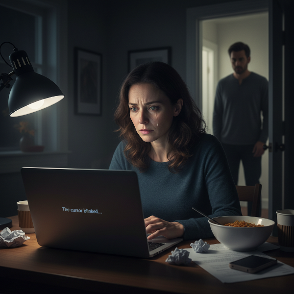 ภาพผู้หญิงนักเขียนอิสระอายุ 36 ปี นั่งทำงานดึกด้วยความเครียดและอาการบล็อกการเขียน ขณะที่ความสัมพันธ์กับแฟนเริ่มห่างเหิน