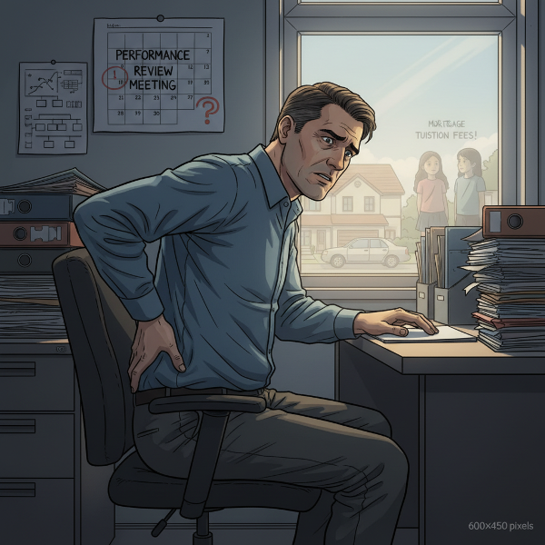 ภาพวิศวกรชายวัยกลางคนในออฟฟิศที่มีอาการปวดหลังจากความเครียดเกี่ยวกับงานและภาระครอบครัว