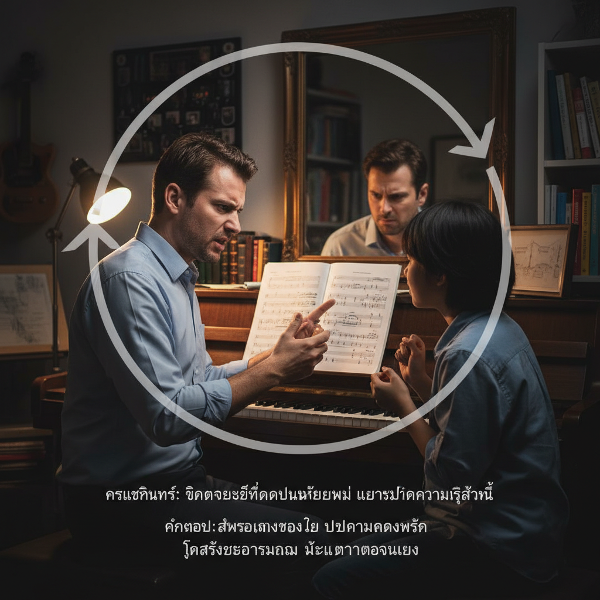 ภาพครูสอนดนตรีชายกำลังเผชิญกับความกดดันและความโกรธตัวเองขณะสอนนักเรียนใหม่ สื่อถึงวงจรความรู้สึกด้านลบและคำแนะนำในการแก้ไข