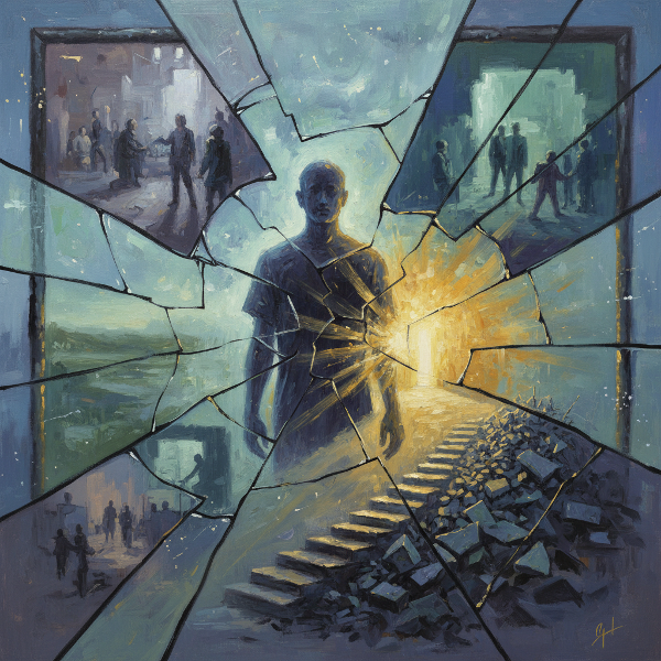 ภาพสัญลักษณ์ของการสำรวจตัวตนหลายมิติผ่านกระจกเงาแตก